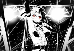 Rule 34 | 1girl, arm up, bad id, bad pixiv id, breasts, greyscale, hrk173, kagerou project, kisaragi attention (vocaloid), kisaragi momo, looking at viewer, microphone, monochrome, open mouth, red eyes, smile, solo, vocaloid