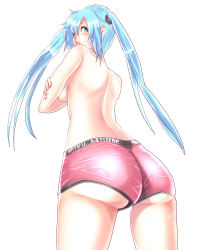 Rule 34 | 1girl, absurdres, aqua eyes, aqua hair, ass, bad id, bad pixiv id, breasts, hatsune miku, highres, long hair, looking back, pooh mal, puu maru, short shorts, shorts, simple background, solo, topless, twintails, vocaloid