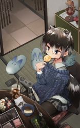Rule 34 | alternate costume, animal ears, black hair, black pantyhose, blouse, blue sweater, candy, casual, character doll, collared shirt, commentary request, common raccoon (kemono friends), contemporary, controller, eating, extra ears, fennec (kemono friends), food, game controller, grey hair, grey skirt, highres, kemono friends, lollipop, long sleeves, multicolored hair, nanana (nanana iz), no shoes, pantyhose, plaid, plaid skirt, pleated skirt, purple eyes, raccoon ears, raccoon girl, raccoon tail, shirt, short hair, sitting, skirt, solo, sweater, tail, wariza, white hair, white shirt
