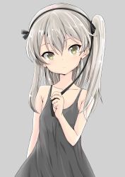 Rule 34 | 10s, 1girl, absurdres, arm behind back, black dress, black ribbon, brown eyes, casual, closed mouth, collarbone, commentary, dress, girls und panzer, grey background, hair ribbon, highres, light brown hair, light frown, long hair, looking at viewer, ribbon, shibagami, shimada arisu, side ponytail, solo, standing, untying, upper body