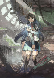 Rule 34 | 1girl, black hair, blue sailor collar, blue skirt, boots, chalkboard, collared shirt, expressionless, flower, frown, glasses, green eyes, hairband, highres, hip vent, kantai collection, konno takashi, lace, lace-trimmed legwear, lace trim, long hair, necktie, ooyodo (kancolle), puffy sleeves, red necktie, ruins, sailor collar, school uniform, serafuku, shirt, skirt, solo, thigh boots, thighhighs