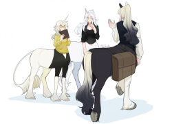 Rule 34 | 1boy, 2girls, animal ears, artist name, black hair, black jacket, black shirt, black sweater vest, book, borrowed character, breasts, centaur, collarbone, commentary, full body, glasses, gradient hair, green eyes, grey hair, hand up, highres, holding, holding book, hooves, horns, horse ears, horse tail, jacket, long hair, long sleeves, looking at another, medium breasts, monster boy, monster girl, multicolored hair, multiple girls, multiple legs, one eye closed, open clothes, open jacket, original, parted bangs, ponytail, saddlebags, shadow, shirt, sidelocks, single horn, small breasts, smile, standing, standing on three legs, sweater, sweater vest, tabitha qu, tail, taur, two-tone hair, unicorn girl, white background, white hair, white shirt, yellow eyes, yellow sweater