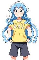 Rule 34 | 1girl, :&gt;, adjusting clothes, alternate costume, anbe masahiro, black shorts, blue eyes, blue hair, blush, bracelet, closed mouth, clothes writing, collarbone, dot nose, hat, highres, ikamusume, jewelry, long hair, looking at viewer, puff of air, shinryaku! ikamusume, shirt, short sleeves, shorts, simple background, smile, solo, squid hat, tareme, tentacle hair, v-shaped eyebrows, white background, white hat, yellow shirt
