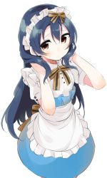 Rule 34 | 1girl, apron, bad id, bad pixiv id, blue hair, blush, commentary request, cowboy shot, hair between eyes, hand in own hair, long hair, looking at viewer, love live!, love live! school idol festival, love live! school idol project, maid headdress, neck ribbon, parted lips, ribbon, short sleeves, simple background, smile, solo, sonoda umi, standing, totoki86, white background, yellow eyes
