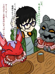 Rule 34 | claws, closed eyes, digimon, digimon rearise, elecmon, food, glasses, gottsumon, headphones, looking at another, meat, tamada keito, translation request