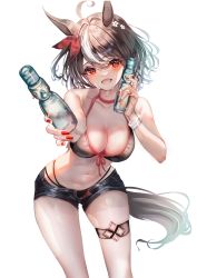 Rule 34 | 1girl, :d, absurdres, animal ears, bare arms, bare shoulders, bikini, black bikini, black hair, black shorts, blush, bottle, bottle to cheek, bracelet, breasts, chiachun0621, choker, cleavage, collarbone, feet out of frame, fingernails, hair ribbon, highres, holding, holding bottle, horse ears, horse girl, horse tail, jewelry, kitasan black (umamusume), large breasts, leaning forward, long fingernails, looking at viewer, multicolored hair, nail polish, open fly, open mouth, outstretched arm, pov, red choker, red eyes, red nails, red ribbon, ribbon, short hair, short shorts, shorts, simple background, smile, solo, standing, streaked hair, swimsuit, tail, thigh strap, two-tone hair, umamusume, white background, white hair