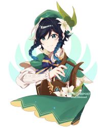 Rule 34 | 1boy, androgynous, beret, biue mooned, black hair, blue hair, bow, braid, brooch, cape, collared cape, collared shirt, corset, eyes visible through hair, flower, frilled sleeves, frills, gem, genshin impact, gradient hair, green eyes, green hat, hair flower, hair ornament, hat, highres, holding, holding instrument, instrument, jewelry, leaf, long sleeves, lyre, male focus, multicolored hair, open mouth, shirt, short hair with long locks, simple background, smile, solo, twin braids, venti (genshin impact), white flower, white shirt