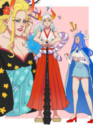 Rule 34 | 3girls, bare shoulders, black maria (one piece), blonde hair, blue eyes, breasts, cleavage, giant, giantess, high heels, highres, horns, japanese clothes, large breasts, lipstick, long hair, makeup, multiple girls, one piece, orange horns, size difference, ulti (one piece), yamato (one piece)