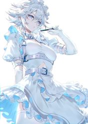 Rule 34 | 1girl, alternate color, apron, belt, blue eyes, braid, breasts, buttons, choker, closed mouth, collared dress, dress, elbow gloves, frills, gloves, grey apron, grey belt, grey choker, grey dress, grey gloves, grey hair, hair between eyes, hair ornament, hand up, highres, holding, holding weapon, izayoi sakuya, knife, looking at viewer, maid, maid headdress, medium breasts, puffy short sleeves, puffy sleeves, short hair, short sleeves, simple background, solo, standing, teeth, thighhighs, touhou, twin braids, u u zan, weapon, white background, white thighhighs