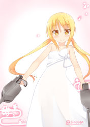 Rule 34 | 10s, 1girl, alternate costume, bare shoulders, binsen, blonde hair, blush, collarbone, dress, dual wielding, formal, gradient background, gun, highres, holding, kantai collection, looking at viewer, low twintails, satsuki (kancolle), smile, solo, strapless, strapless dress, twintails, twitter username, weapon, white dress, yellow eyes