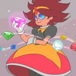 Rule 34 | 1girl, black pantyhose, black shirt, borrowed character, chaos emerald, commentary, dress, eggette, ellen alsop, english commentary, eyelashes, glasses, gloves, highres, original, pantyhose, puffy short sleeves, puffy sleeves, round eyewear, shirt, short sleeves, smile, solo, sonic (series), sonic mania, spiked hair, white gloves