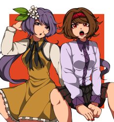 Rule 34 | 1jumangoku, 2girls, black bow, black bowtie, black skirt, border, bow, bowtie, breasts, brown hair, chin, clenched hand, collar, collared dress, commentary, dress, eyelashes, flower, frilled dress, frills, frown, hair flower, hair ornament, hand in own hair, hands on lap, highres, leaf hair ornament, long hair, long sleeves, looking at viewer, low twintails, miniskirt, multiple girls, nail polish, open mouth, orange background, purple collar, purple eyes, purple hair, red eyes, red hair, red nails, shirt, short dress, short hair, siblings, sisters, sitting, skirt, small breasts, teeth, thick eyebrows, touhou, tsukumo benben, tsukumo yatsuhashi, twintails, upper teeth only, v-shaped eyebrows, white border, white flower, white shirt, yellow dress