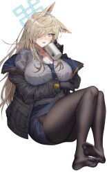 Rule 34 | 1girl, absurdres, animal ear fluff, animal ears, black gloves, black necktie, black pantyhose, blue archive, breasts, cup, gloves, grey shirt, hair over one eye, halo, highres, holding, holding cup, jacket, kanna (blue archive), large breasts, light brown hair, long hair, long sleeves, looking at viewer, mug, necktie, no shoes, nompang, open clothes, open jacket, pantyhose, pencil skirt, sharp teeth, shirt, simple background, sitting, skirt, solo, teeth, white background