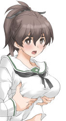 Rule 34 | 1girl, black neckerchief, blouse, blush, breasts, bright pupils, brown eyes, brown hair, commentary, elf (stroll in the woods), frown, girls und panzer, grabbing own breast, hair ribbon, highres, koyama yuzu, large breasts, long sleeves, looking at viewer, medium hair, neckerchief, ooarai school uniform, open mouth, ribbon, sailor collar, school uniform, serafuku, shirt, short ponytail, simple background, solo, textless version, upper body, white background, white pupils, white sailor collar, white shirt