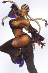 Rule 34 | 1girl, absurdres, ass, ass cutout, braid, breasts, chaps, cleavage, clothing cutout, dark-skinned female, dark skin, dolores (kof), dreadlocks, female focus, fighting, fighting stance, full body, glasses, gold, high heels, highres, jewelry, ktovhinao, leg tattoo, long hair, looking at viewer, medium breasts, multicolored hair, necklace, number tattoo, ornament, purple hair, snk, solo, tattoo, the king of fighters, the king of fighters xv, two-tone hair, white hair