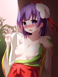 Rule 34 | 1girl, areola slip, bad id, bad pixiv id, bare shoulders, blush, breasts, collarbone, commentary request, flower, hair flower, hair ornament, hair ribbon, hajime (ak-r), hieda no akyuu, japanese clothes, kimono, looking at viewer, nipples, nose blush, one breast out, open clothes, parted lips, purple eyes, purple hair, ribbon, short hair, small breasts, solo, touhou