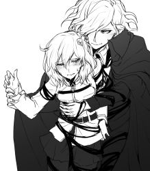 Rule 34 | 1boy, 1girl, blush, closed mouth, edmond dantes (fate), fate/grand order, fate (series), fujimaru ritsuka (female), greyscale, half-closed eyes, hand up, holding another&#039;s wrist, holding own arm, long sleeves, messy hair, monochrome, pantyhose, simple background, skirt, smile, sweatdrop, uniform, uraha, wavy hair