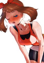 Rule 34 | 1girl, absurdres, arms at sides, bent over, bike shorts, blouse, blush, breasts, choutea, closed eye, collarbone, commentary, cowboy shot, creatures (company), game freak, half-closed eye, highres, large breasts, leaning forward, light brown hair, may (pokemon), medium hair, nintendo, nose blush, one eye closed, open mouth, pokemon, pokemon oras, red shirt, shirt, short hair, short shorts, shorts, simple background, sleeveless, solo, standing, sweat, white background, white shorts