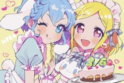 Rule 34 | 2girls, :d, birthday cake, blonde hair, blue dress, blue eyes, blue hair, blush, cake, character print, cinnamoroll, commentary request, dorothy west, dress, food, gift art, happy birthday, heart, holding, holding plate, looking at viewer, midorikaze fuwari, multiple girls, one eye closed, open mouth, oshiri (o4ritarou), plate, pretty series, pripara, puffy short sleeves, puffy sleeves, rabbit tail, sanrio, short hair, short sleeves, smile, tail, tongue, tongue out, yellow background