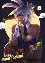 Rule 34 | 1girl, absurdres, animal ears, bare shoulders, battle bunny riven, belt, breasts, cleavage, detached collar, fake animal ears, gloves, half updo, heart, highres, large breasts, league of legends, lips, mochitsuki, monori rogue, monster boy, necktie, nose, orange eyes, original, pantyhose, playboy bunny, rabbit ears, riven (league of legends), short hair, silver hair, single glove, slime (creature), slime (substance), solo focus, spoken heart, thigh gap, white gloves, wrist cuffs, zac (league of legends)