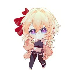 Rule 34 | + +, 1girl, black pants, black shirt, blonde hair, blue eyes, bow, braid, brown sweater, chibi, chinese commentary, crop top, hair bow, leaning to the side, liu bian meiyou ni wo zenme huo, nijisanji, off shoulder, pants, red bow, shirt, smile, solo, sweater, twin braids, virtual youtuber, virtuareal, white background, yukie (virtuareal)