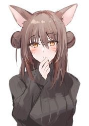 Rule 34 | 1girl, animal ear fluff, animal ears, black sweater, blush, breasts, brown eyes, brown hair, cat ears, double bun, facial mark, final fantasy, final fantasy xiv, hair between eyes, hair bun, hand up, highres, kinona, long sleeves, looking at viewer, medium breasts, miqo&#039;te, parted lips, ribbed sweater, simple background, sleeves past wrists, solo, sweater, turtleneck, turtleneck sweater, upper body, warrior of light (ff14), whisker markings, white background