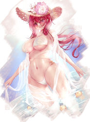 Rule 34 | 1girl, :o, azur lane, bare shoulders, bikini, bird, breasts, chanel, chick, cleavage, collarbone, commentary request, cowboy shot, flower, green eyes, groin, hair between eyes, hat, hat flower, highres, holding shawl, itogawa mio, large breasts, long hair, looking at viewer, manjuu (azur lane), midriff, multiple straps, navel, open mouth, orange-tinted eyewear, orange-tinted glasses, pink-tinted eyewear, red-tinted eyewear, red-tinted glasses, red hair, see-through, see-through shawl, shawl, sidelocks, skindentation, solo, sparkle, standing, straw hat, sun hat, sunglasses, surcouf (azur lane), surcouf (loisirs balneaires) (azur lane), swimsuit, tinted eyewear, underboob, very long hair, wading, white background, white bikini