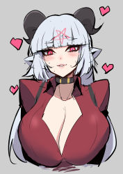 Rule 34 | 1girl, absurdres, animal ears, baphomet (grizz), black horns, blunt bangs, blush, breasts, bright pupils, check copyright, choker, cleavage, collared shirt, copyright request, demon girl, funaya (a2brasd), goat horns, grey background, heart, helltaker, highres, horns, huge breasts, long hair, looking at viewer, parted lips, red eyes, red shirt, shirt, simple background, smile, solo, sweat, thick eyebrows, upper body, white hair