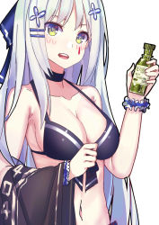 Rule 34 | 1girl, bottle, breasts, cleavage, collarbone, echj, girls&#039; frontline, grey hair, hair ornament, hairclip, hand up, highres, hk416 (girls&#039; frontline), holding, holding bottle, large breasts, long hair, looking at viewer, lotion, navel, open mouth, smile, solo, sunscreen, teeth, upper body, white hair