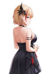 Rule 34 | 1girl, arm strap, azur lane, backless dress, backless outfit, black dress, black nails, breasts, dress, earrings, evening gown, from behind, halter dress, halterneck, highres, jewelry, large breasts, light brown hair, looking at viewer, medium hair, multicolored hair, nail polish, official alternate costume, qing wu, red hair, roon (azur lane), roon (dark red grin) (azur lane), solo, streaked hair, thighlet, two-tone hair, upper body, yellow eyes