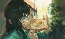 Rule 34 | 1girl, absurdres, black hair, blue eyes, blurry, blurry background, bread slice, commentary, eating, food, food in mouth, fried egg, glasses, green shirt, hayateluc, highres, holding, holding food, indoors, long hair, looking at viewer, original, plant, round eyewear, shirt, solo, symbol-only commentary, toast, upper body, window