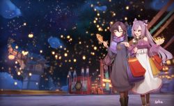 Rule 34 | 2girls, aqua eyes, bag, bare shoulders, boots, bow, building, casual, cone hair bun, dress, fish, food, genshin impact, glowing, hair bow, hair bun, highres, holding, holding food, keqing (genshin impact), keqing (lantern rite) (genshin impact), lantern, lantern festival, mona (genshin impact), multiple girls, night, night sky, official alternate costume, open mouth, outdoors, pantyhose, paper lantern, plaid, plaid skirt, purple hair, purple sweater, scarf, shopping bag, skirt, sky, sky lantern, smile, spica (starlitworks), star (sky), starry sky, survival grilled fish (genshin impact), sweater, twintails, walking