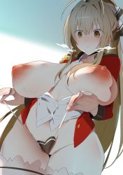 Rule 34 | 1girl, alternate breast size, amagi brilliant park, antenna hair, bikini pull, breasts, breasts out, breath, brown eyes, brown hair, closed mouth, clothes pull, commentary request, curvy, from below, furau, hair intakes, hair ribbon, highres, huge breasts, large breasts, long hair, nipples, open clothes, open shirt, ponytail, red shirt, ribbon, sento isuzu, shirt, sidelocks, thighhighs, thighs, veins, veiny breasts, very long hair