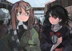 Rule 34 | 2girls, black hair, bow, brown eyes, brown hair, checkered clothes, checkered scarf, commentary request, dress, futatsuiwa mamizou, futatsuiwa mamizou (human), glasses, houjuu nue, ichiba youichi, leaf, leaf on head, long hair, long sleeves, looking at another, multiple girls, obi, red eyes, sash, scarf, short hair, smile, sweatdrop, touhou, vest, wide sleeves