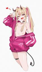 Rule 34 | 1girl, absurdres, ahoge, bare shoulders, blonde hair, breasts, demon girl, demon horns, demon tail, fang, hair over breasts, heart, highres, horns, jacket, looking at viewer, multicolored hair, naked jacket, open clothes, open jacket, open mouth, original, pink hair, pink jacket, pink nails, red eyes, sketch, skindentation, small breasts, smile, solo, starcat, streaked hair, studded choker, tail, thigh strap, twintails, two-tone hair, v