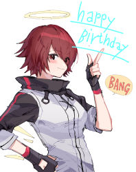 Rule 34 | 1girl, arknights, bang (gesture), black gloves, black jacket, blush, closed mouth, commentary request, energy wings, english text, exusiai (arknights), eyes visible through hair, finger gun, fingerless gloves, gloves, hair over one eye, halo, hand on own hip, hand up, happy birthday, highres, jacket, looking at viewer, multicolored clothes, multicolored jacket, na tarapisu153, red eyes, red hair, short hair, smile, solo, two-tone jacket, upper body, white background, white jacket