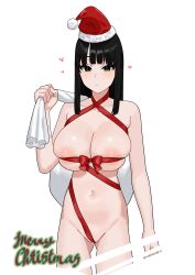 Rule 34 | 1girl, :o, absurdres, areola slip, bag, black hair, blunt ends, breasts, christmas, cleavage, commentary request, cowboy shot, english text, fffukuzawa, hat, heart, highres, holding, holding bag, holding sack, large areolae, large breasts, looking at viewer, medium hair, merry christmas, naked ribbon, navel, original, parted bangs, red ribbon, ribbon, sack, santa hat, sidelocks, simple background, solo, stomach, straight hair, wedgie, white background