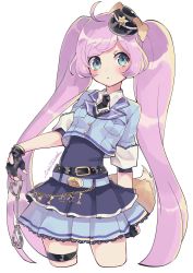Rule 34 | 1girl, ahoge, aqua eyes, belt, black gloves, black necktie, blush, clothing cutout, commentary request, cropped legs, cuffs, dog tail, dress, fingerless gloves, gloves, handcuffs, hat, heart cutout, highres, holding, holding handcuffs, long hair, manaka laala, marueri, mini hat, necktie, parted lips, paw print, pink hair, police, police hat, police uniform, precure, pretty series, short sleeves, signature, simple background, solo, tail, thigh strap, twintails, uniform, very long hair, white background