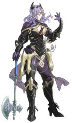 Rule 34 | 1boy, armor, armored boots, axe, boots, camilla (fire emblem), cleavage cutout, clothing cutout, fire emblem, fire emblem fates, full body, genderswap, genderswap (ftm), gloves, high heels, highres, holding, holding weapon, john dimayuga, long hair, looking to the side, male focus, nintendo, purple gloves, purple hair, simple background, smile, solo, weapon, white background