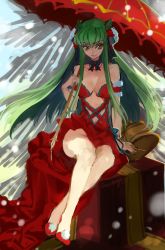 Rule 34 | 1girl, bow, breasts, c.c., cleavage, code geass, creayus, dress, full body, gift, green hair, hair ornament, hair ribbon, high heels, holding, large bow, light smile, long hair, looking at viewer, red dress, red footwear, ribbon, shoes, sitting, solo, twitter username, umbrella, very long hair