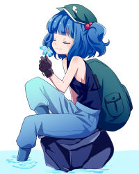 Rule 34 | 1girl, adapted costume, backpack, bag, bare arms, bare shoulders, black gloves, blue hair, blue theme, breasts, closed eyes, flower, gloves, hair bobbles, hair ornament, hat, ica, kawashiro nitori, pants, rock, shirt, sideboob, simple background, sitting, sitting on rock, sleeveless, sleeveless shirt, small breasts, smelling flower, smile, solo, touhou, twintails, two side up, water, white background