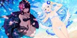 Rule 34 | 2girls, :d, achiki, arm up, armpits, bare arms, bare shoulders, bat wings, beach, bikini, black bikini, black hair, blue eyes, blue flower, blurry, breasts, collarbone, feathered wings, flower, hair flower, hair ornament, hair over one eye, long hair, looking at viewer, lying, medium breasts, multiple girls, navel, on back, open mouth, original, parted lips, pink eyes, pink flower, purple flower, sarong, see-through, sidelocks, sitting, small breasts, smile, stomach, swimsuit, thigh gap, thighs, two side up, v arms, water, white bikini, white hair, wings