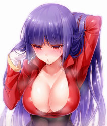Rule 34 | 1girl, adjusting hair, blush, breasts, cleavage, creatures (company), female focus, game freak, gloves, gym leader, hands in hair, hizuki akira, large breasts, long hair, nintendo, pokemon, purple hair, red eyes, revision, sabrina (pokemon), simple background, solo, sweat, upper body, white background