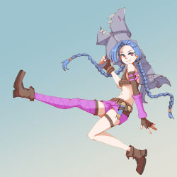 Rule 34 | 1girl, arm tattoo, bad id, bad pixiv id, blue hair, boots, braid, gloves, gradient background, green background, highres, jinx (league of legends), league of legends, long hair, nail polish, pink eyes, rocket launcher, single thighhigh, solo, tattoo, thighhighs, twin braids, very long hair, weapon
