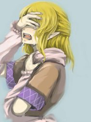 Rule 34 | 1girl, arm warmers, blonde hair, covering privates, covering face, covering own eyes, crying, fangs, female focus, ginji (sakaki summer), mizuhashi parsee, pointy ears, sad, scarf, short hair, solo, tears, touhou, upper body