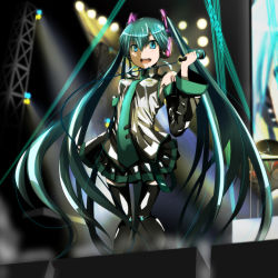 Rule 34 | 1girl, aqua eyes, aqua hair, bad id, bad pixiv id, detached sleeves, fushichou, hatsune miku, long hair, microphone, open mouth, skirt, smile, solo, stage, thighhighs, twintails, very long hair, vocaloid