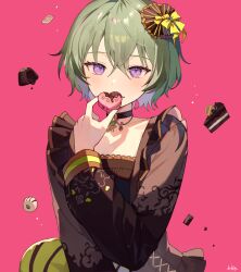 Rule 34 | 1girl, azit (down), black choker, blush, brown shirt, candle no kaori wa omoide to tomo ni (project sekai), choker, collarbone, commentary, covered mouth, food, food on face, green hair, hair between eyes, hand up, heart, holding, holding food, kusanagi nene, long sleeves, looking at viewer, official alternate costume, official alternate hair length, official alternate hairstyle, pink background, project sekai, puffy long sleeves, puffy sleeves, purple eyes, shirt, short hair, signature, simple background, solo