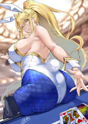 Rule 34 | 1girl, absurdres, animal ears, artoria pendragon (all), artoria pendragon (fate), artoria pendragon (swimsuit ruler) (fate), ass, backless leotard, bare shoulders, blonde hair, blue pantyhose, blurry, blurry background, breasts, card, dated, fake animal ears, fake tail, fate/grand order, fate (series), from behind, gold trim, green eyes, high ponytail, highres, king (playing card), king of hearts (playing card), large breasts, leotard, long hair, looking at viewer, looking back, looking down, official alternate costume, pantyhose, parted lips, playboy bunny, playing card, rabbit ears, rabbit tail, shiki (love-saber), sideboob, signature, sitting, solo, tail, tiara, white leotard, wrist cuffs
