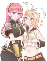 Rule 34 | 2girls, amulet, arm warmers, armband, asymmetrical sleeves, bare shoulders, belt, black shirt, black shorts, black skirt, blonde hair, blue eyes, blush, bow, breast envy, breast hold, breasts, commentary, crop top, detached sleeves, gold trim, hair bow, hairband, highres, kagamine rin, long hair, looking at another, medium breasts, megurine luka, midriff, multiple girls, navel, neckerchief, parted lips, pink hair, purple eyes, see-through, see-through sleeves, shirt, short hair, shorts, shoulder tattoo, skirt, sleeveless, sleeveless shirt, small breasts, stomach, straight hair, sweatdrop, swept bangs, tatibanamarin, tattoo, translated, uneven sleeves, upper body, vocaloid, white background, white bow, white shirt, yellow neckerchief