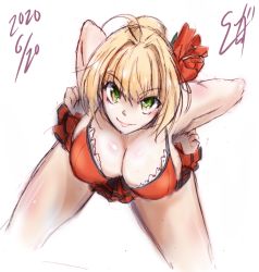 Rule 34 | 1girl, 2020, ahoge, blonde hair, bow, braid, breasts, cleavage, clip studio paint (medium), collarbone, dated, fate/grand order, fate (series), graphite (medium), green eyes, hair bow, hair bun, hair intakes, hands on own hips, large breasts, leaning forward, lips, looking at viewer, mechanical pencil, nero claudius (fate), nero claudius (fate) (all), nero claudius (swimsuit caster) (fate), pencil, single hair bun, smile, solo, suga leon, swimsuit, traditional media, type-moon